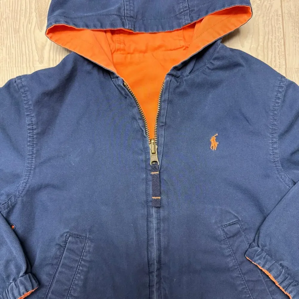 Polo Ralph Lauren Boys Toddler Reversible Hooded Jacket Navy Blue Orange Coat